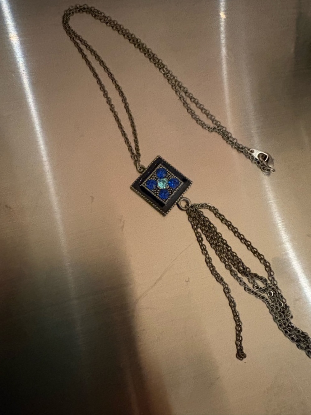 Blue Crystal Square Pendant Tassel Necklace - Women's Jewelry